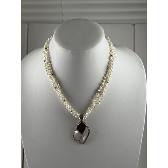 LUC Sterling Silver Necklace Double Strand 18.5" Real Pearl Abalone MOP Pendant - Picture 10 of 11